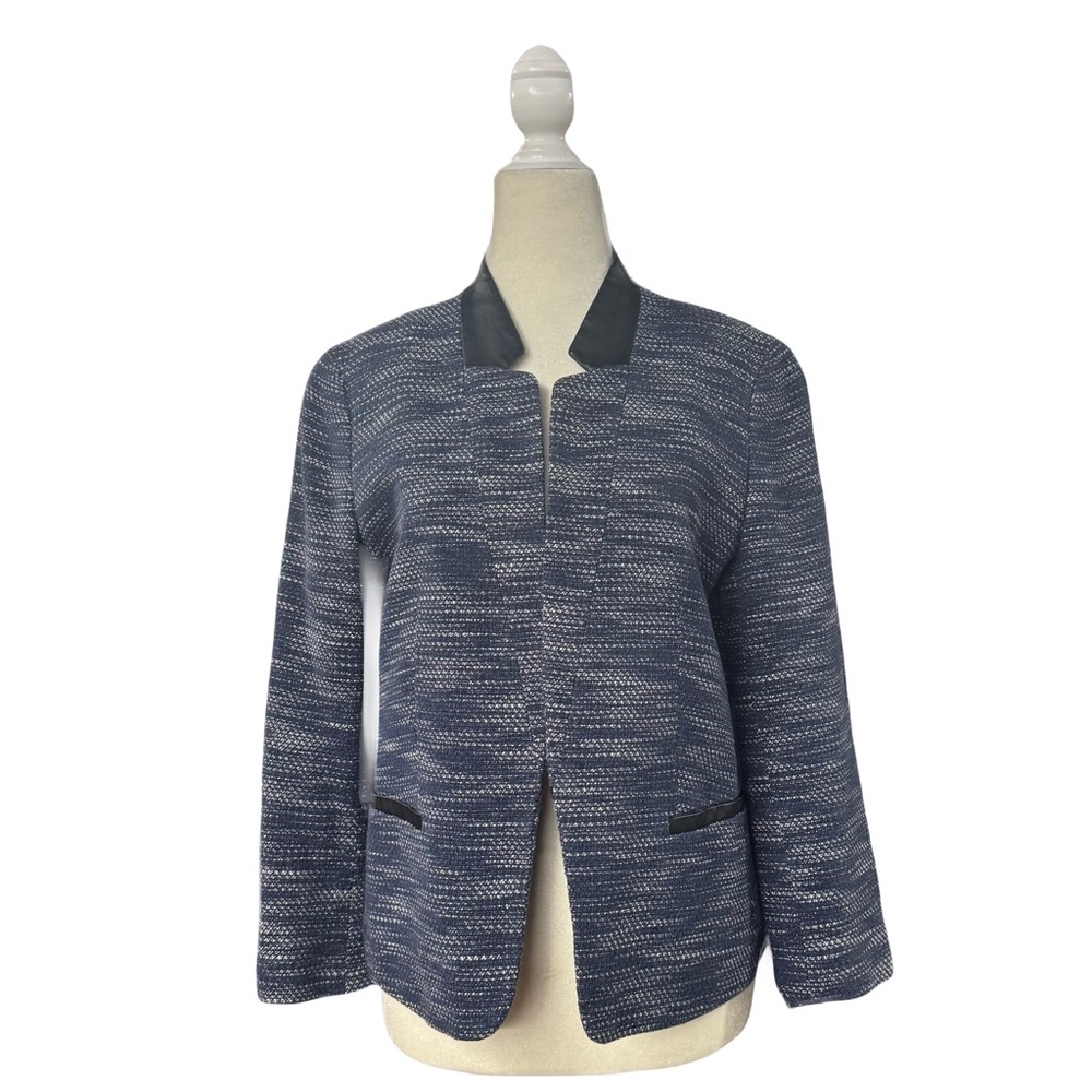 Ann Taylor navy & white heathered tailored blazer cotton leather trim 10 petite